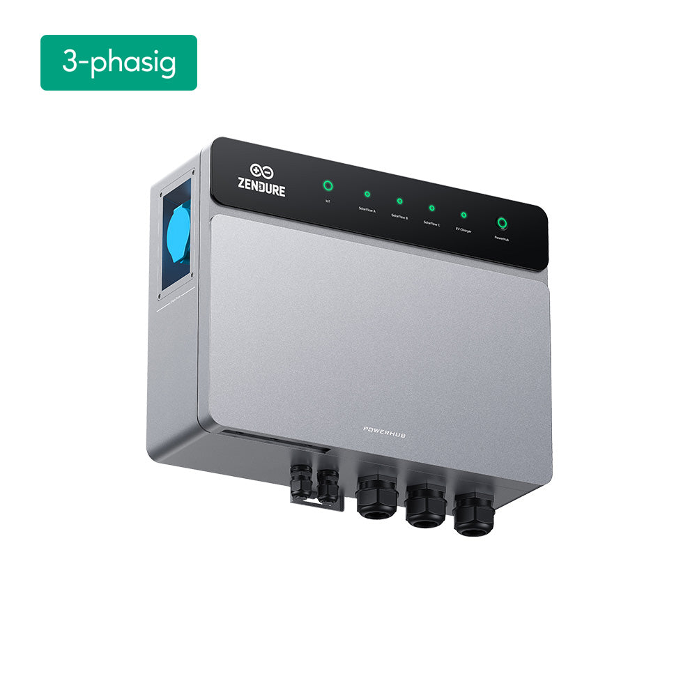 Zendure PowerHub 3P – seitliche Perspektive mit Anschlüssen und Statusanzeigen