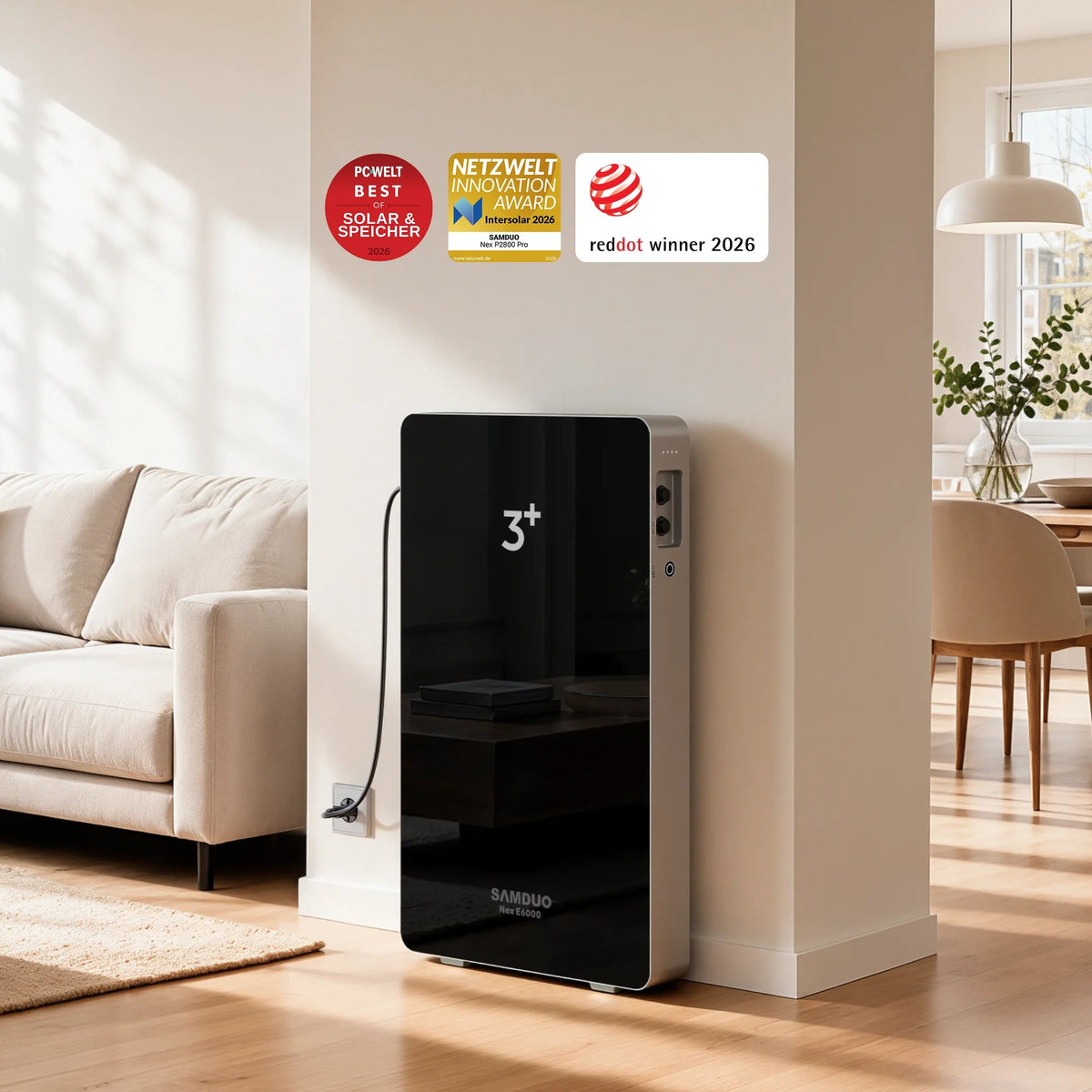 SAMDUO Nex E6000 – beispielhafte aufrechte Aufstellung an einer Wand